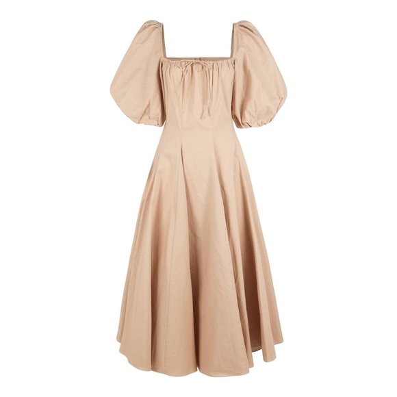 NWT Selkie Sparrow Day Dress Small - Elegant Tan Brown Puff Sleeve Dress